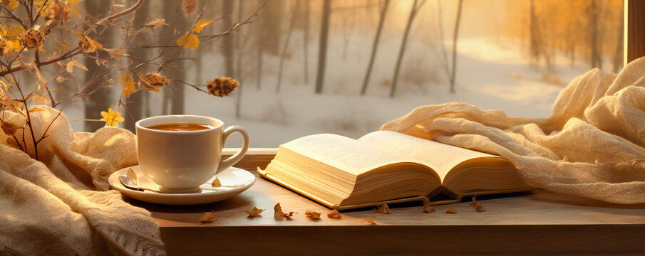 Autumn mood composition with a book and a cup of coffee, autumn leaves and folded fabric