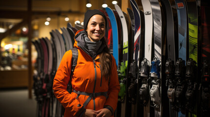 Woman picks out ski equipment for the mountains at the store