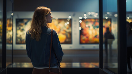 Woman looks at paintings in a gallery during an exhibition - obrazy, fototapety, plakaty