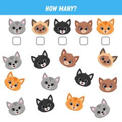 Obraz na płótnie Canvas How many cartoon cats faces are there. Count the number of kitten. Math worksheet for kids. Vector