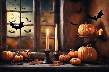 halloween holiday decorations, scary jack o lantern pumpkins and candles on a windowsill, flying bats outside the window, moonlit night, mystic and dark magic - obrazy, fototapety, plakaty