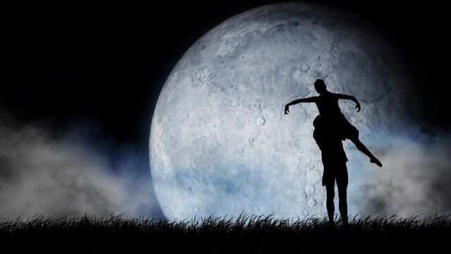 Portrait of professional dancers. Close up shot of young beautiful ballet dancers performing on full moon spinning background, grass and clouds.
