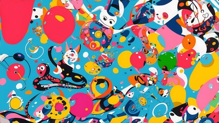 pattern with balloons, a playful and whimsical abstract still life, with bright pops of color and quirky details