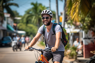 Naklejka premium Male tourist smiles happily while riding a public bicycle for rent in the streets of Phuket Thailand, sustainable travel transportation, bicycle friendly