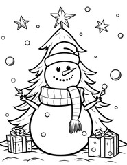 Snowman with Christmas tree coloring page for kids