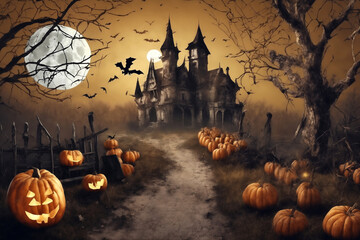 halloween, scarecrow in front of the old house, around pumpkins and mystical forest, flying bats on big full moon background, scary and fabulous, dark magic - obrazy, fototapety, plakaty