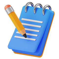 Cartoon notes with paper and yellow pencil. 3D icon isolated background.