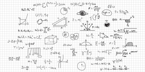 Hand drawn math symbols. Math symbols on notebook page background. Sketch math symbols. Eps10 vector illustration.