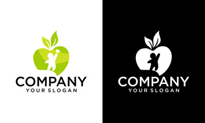 kids inside huge green apple, vector logo icon