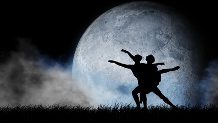Portrait of beautiful professional dancers. Close up shot of ballet artists couple posing on full moon background, fantasy planet and clouds.