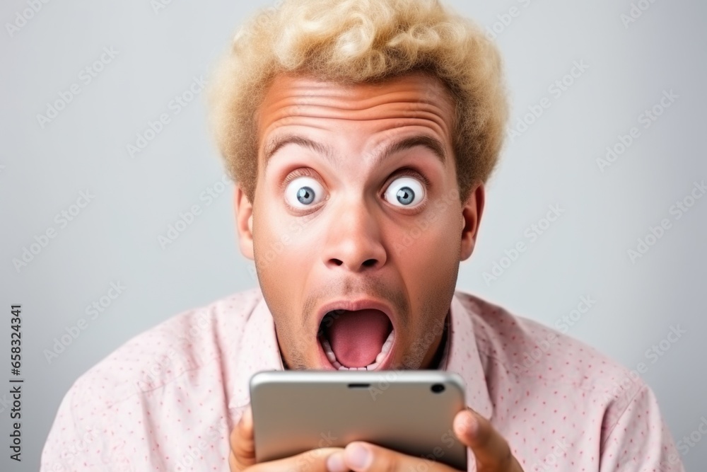 Poster A man with a surprised expression on his face as he looks at his cell phone. Perfect for illustrating the shock or surprise of receiving unexpected news or messages on a mobile device.