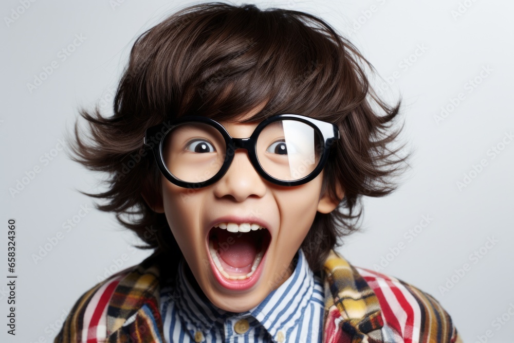 Poster A young boy wearing glasses is making a funny face. This image can be used to depict humor or mischief.