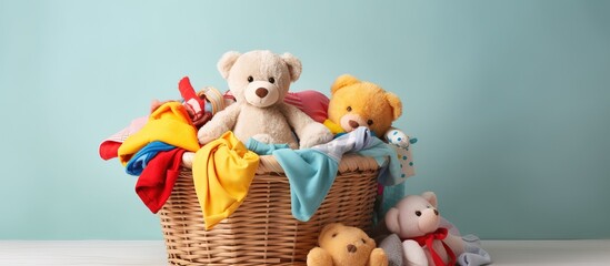 Children s clothes and toy in a laundry basket on a light background