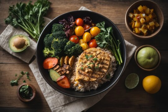 Top view of a black plate with delicious healthy food on a brown wooden table. Closeup of Rice with meat, vegetables. balanced food, nutrition of a healthy person