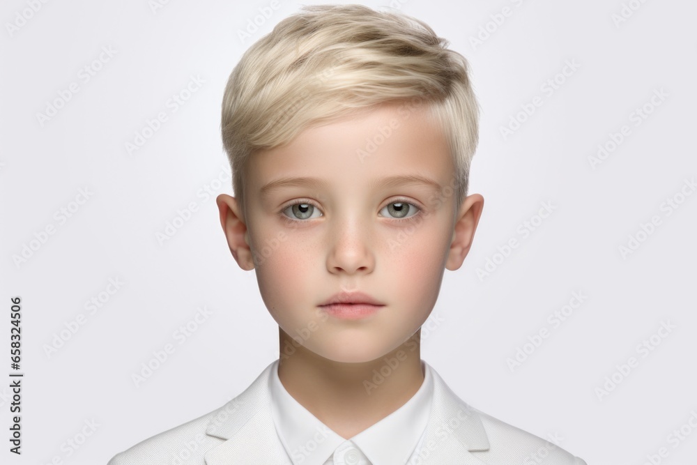 Aufkleber A young boy dressed in a white suit and tie. This image can be used for formal occasions or to represent elegance and sophistication.