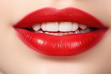 A close-up view of a woman's mouth showcasing vibrant red lipstick. Perfect for beauty and makeup related projects.