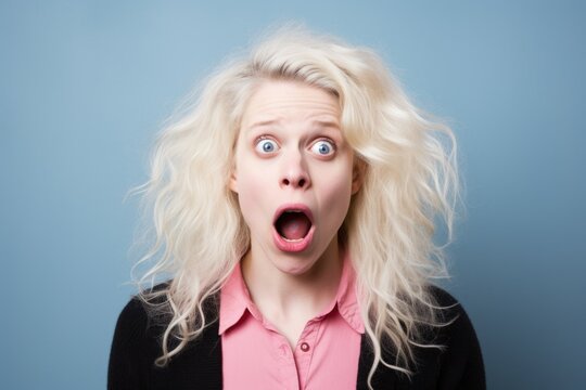 A woman with a surprised expression on her face. Suitable for illustrating shock, surprise, or disbelief.