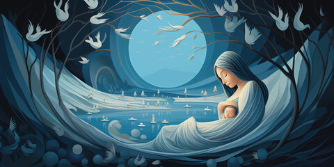 mother holding her baby in her arms, giving birth, blue background