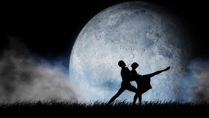 Portrait of beautiful professional dancers. Close up of male and female ballet duet doing choreography element on full moon background.