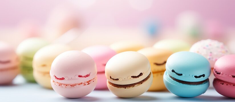 Happy green macaron emoticon on sweet pink background for customer reviews feedback ratings rankings on food service or product reflecting mental health concept