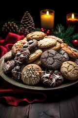 Obraz na płótnie Canvas A plate of cookies takes center stage, surrounded by the gentle flicker of candles and rustic charm of pinecones. A cozy tableau, embodying the heartwarming essence of the holiday season. (AR 2:3)