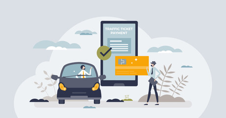 Fototapeta na wymiar Pay traffic ticket online with bank transaction or credit card tiny person concept. Payment for vehicle driving toll roads infrastructure vector illustration. Buy entry using digital receipt system.