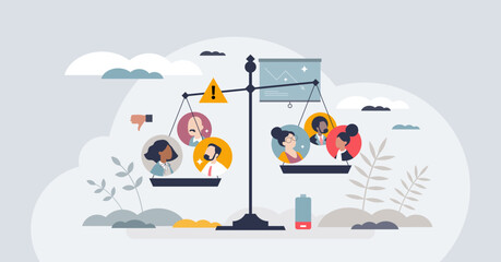 Obraz premium Resource allocation for effective business labor tiny person concept. HR personnel optimization, division and comparison to solve financial burden vector illustration. Company productivity problem