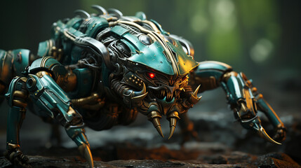 close up detail of a cool, sophisticated mecha animal scorpion, with generave ai