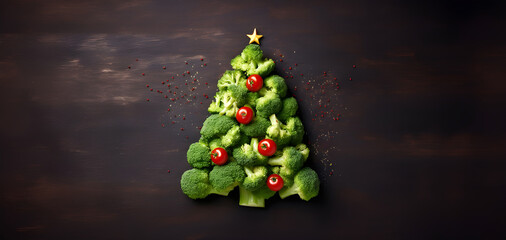 Christmas tree with broccoli and tomatoes - obrazy, fototapety, plakaty