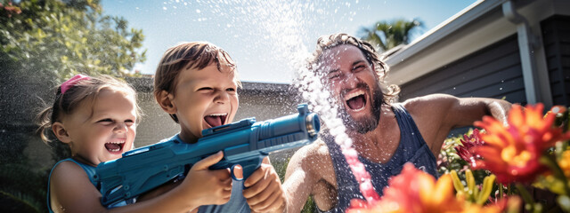 Happy family playing with a water gun in front yard on a warm summer afternoon
