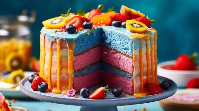 Tropical inspired blue velvet cake UHD wallpaper Stock Photographic Image