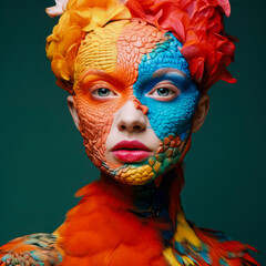 A colorful portrait of a beautiful young girl with a feather on her head, who has a face with modern, urban make-up and the whole face is painted with a vivid colorful color.