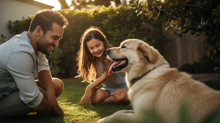 Happy family and their dog outdoors in the summer