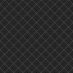 Seamless Chinese window tracery pattern design. Repeated black rhombuses and angle brackets on white background. Scallop ornament. Image with scales. Ancient japanese scallops motif. Squama. Vector