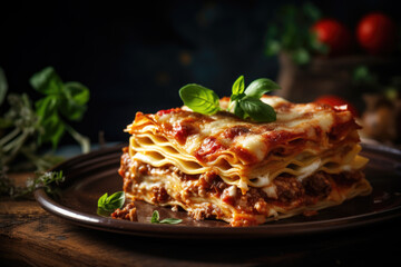 Close-up of a traditional lasagna with minced meat, bolognese sauce topped with cheese and basil...