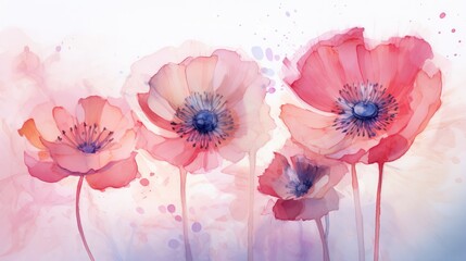  a painting of three pink flowers with blue centers on a white background.  generative ai