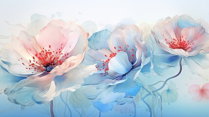  a painting of three flowers on a blue and white background.  generative ai