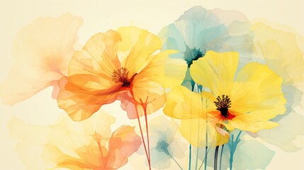  a painting of yellow and blue flowers on a white background.  generative ai