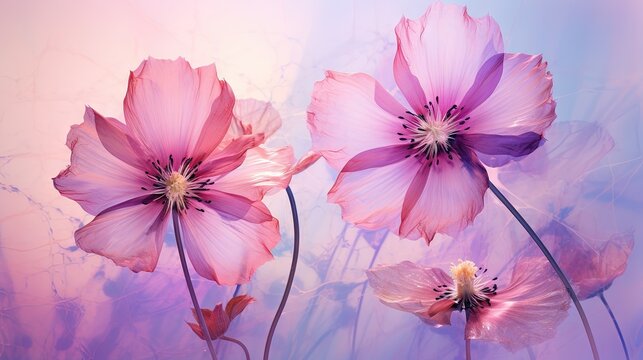  a group of pink flowers on a blue and pink background.  generative ai