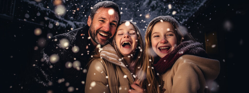 Happy Family Smiles In The Snowfall Outside