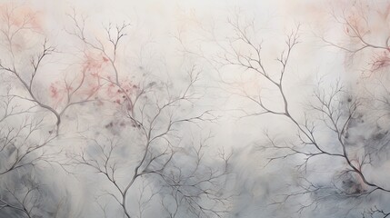  a painting of trees with no leaves on them in a foggy sky.  generative ai