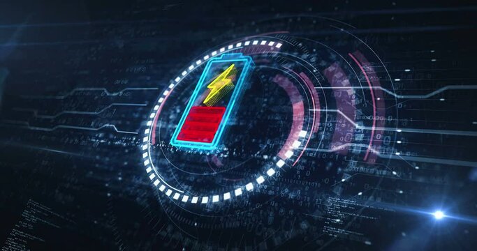 Battery charging energy and recharge power symbol digital concept. Network, cyber technology and computer background abstract 3d animation. Seamless and loopable.