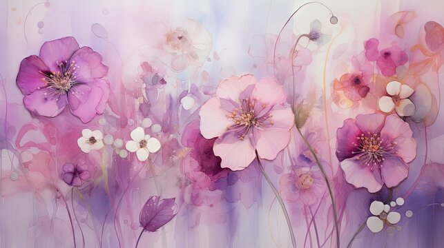  a painting of pink and white flowers on a purple background.  generative ai
