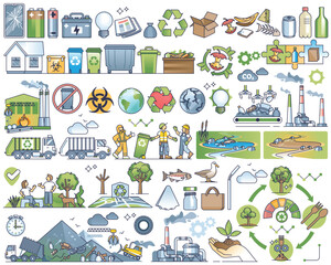 Waste management, recycling and garbage disposal in outline collection set. Elements with sustainable resource separation for efficient plastic, paper and glass trash separation vector illustration.
