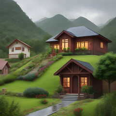 Fototapeta na wymiar A very beautiful house in nature view with a romantic weather