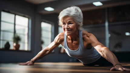 elderly woman doing yoga exercise