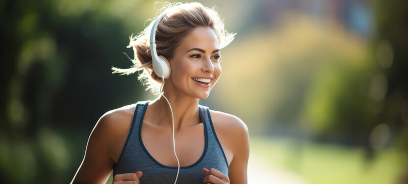 Portrait of athletic blonde woman running, beautiful smiling lady do workout at park on sunny day, listening to music in earphones