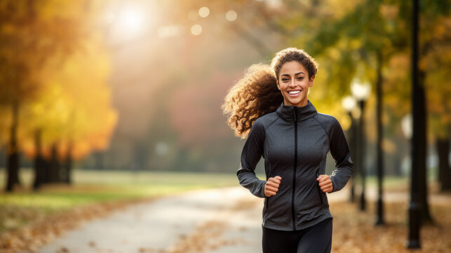 Cheerful african american athletic woman in sportswear enjoying running jogging outdoor on sunny day in autumn
