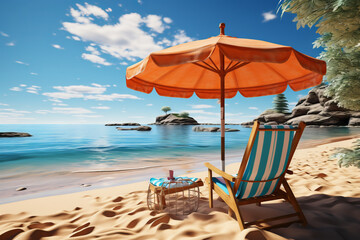 Sun Umbrella and Beach Chair Your Perfect Seaside Escape. Generative AI