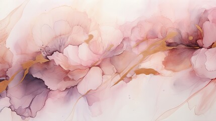  a painting of pink flowers on a white background with gold accents.  generative ai